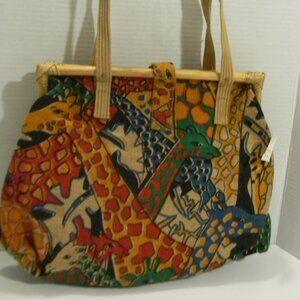 African Giraffe Print Purse w Bamboo Closure NOS Vintage Red Green Yellow